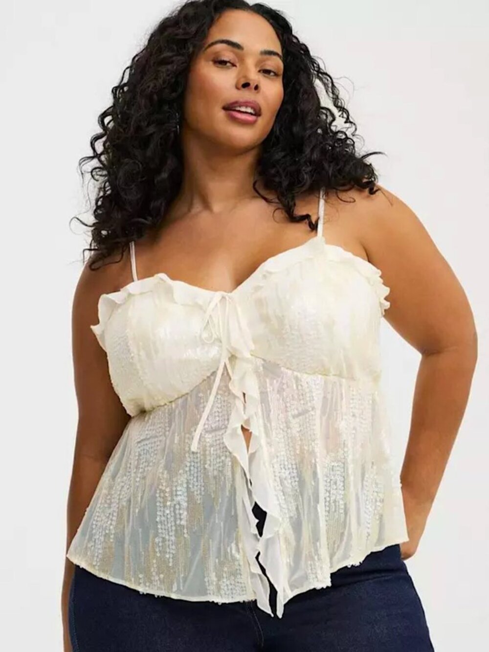 Stunning NWT Torrid Sequin Ruffle Flyaway Cami, Size 1X - Picture 3 of 9